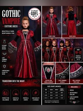 Girls Gothic Vampire Costume Dress Red Black Lace Halloween Size 10-12 Cosplay